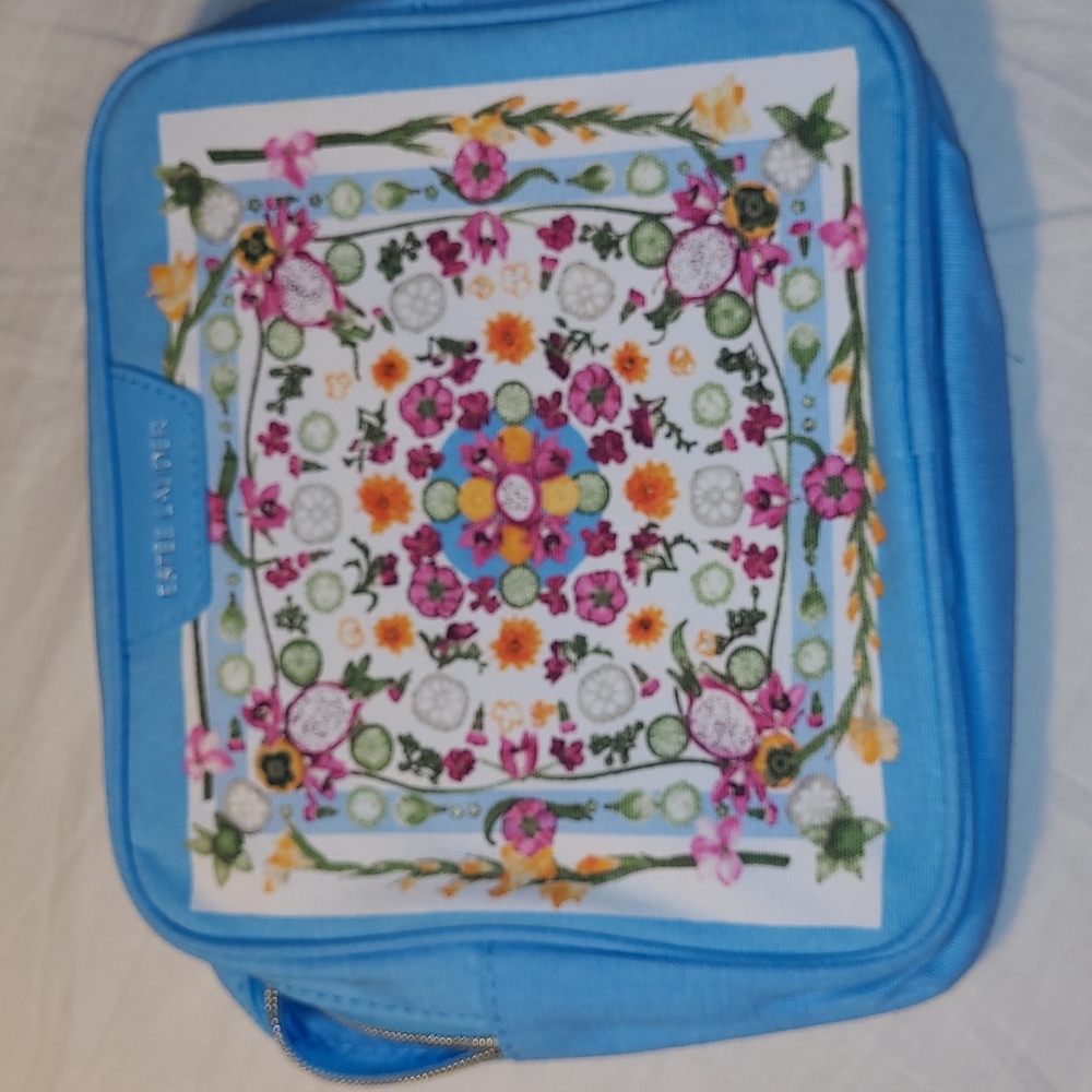 New! Estee Lauder cosmetic makeup bag colorful amba locke design blue